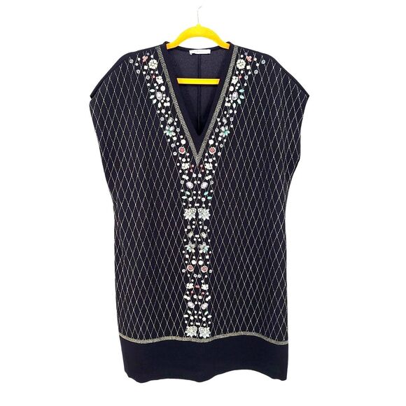 Zara Basic Jewel Print V Neck Shift Dress Black XL - Picture 8 of 11